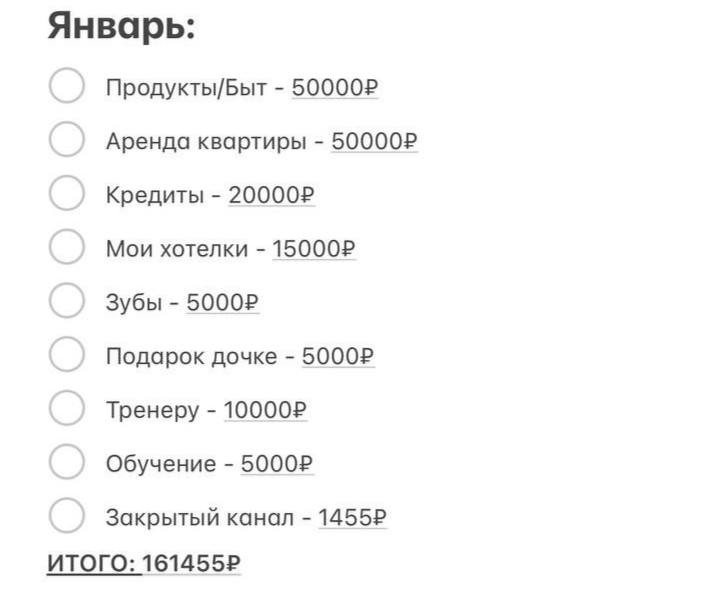 Пример расходов на месяц