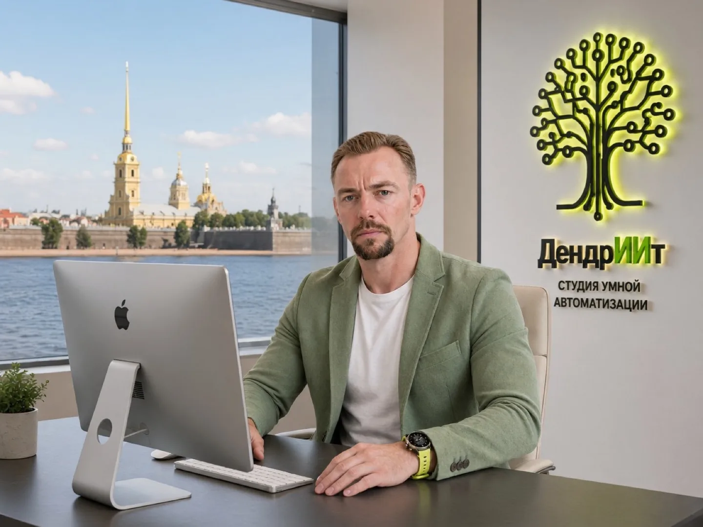 Александр Афанасьев, основатель студии, в офисе с видом на Петропавловскую крепость