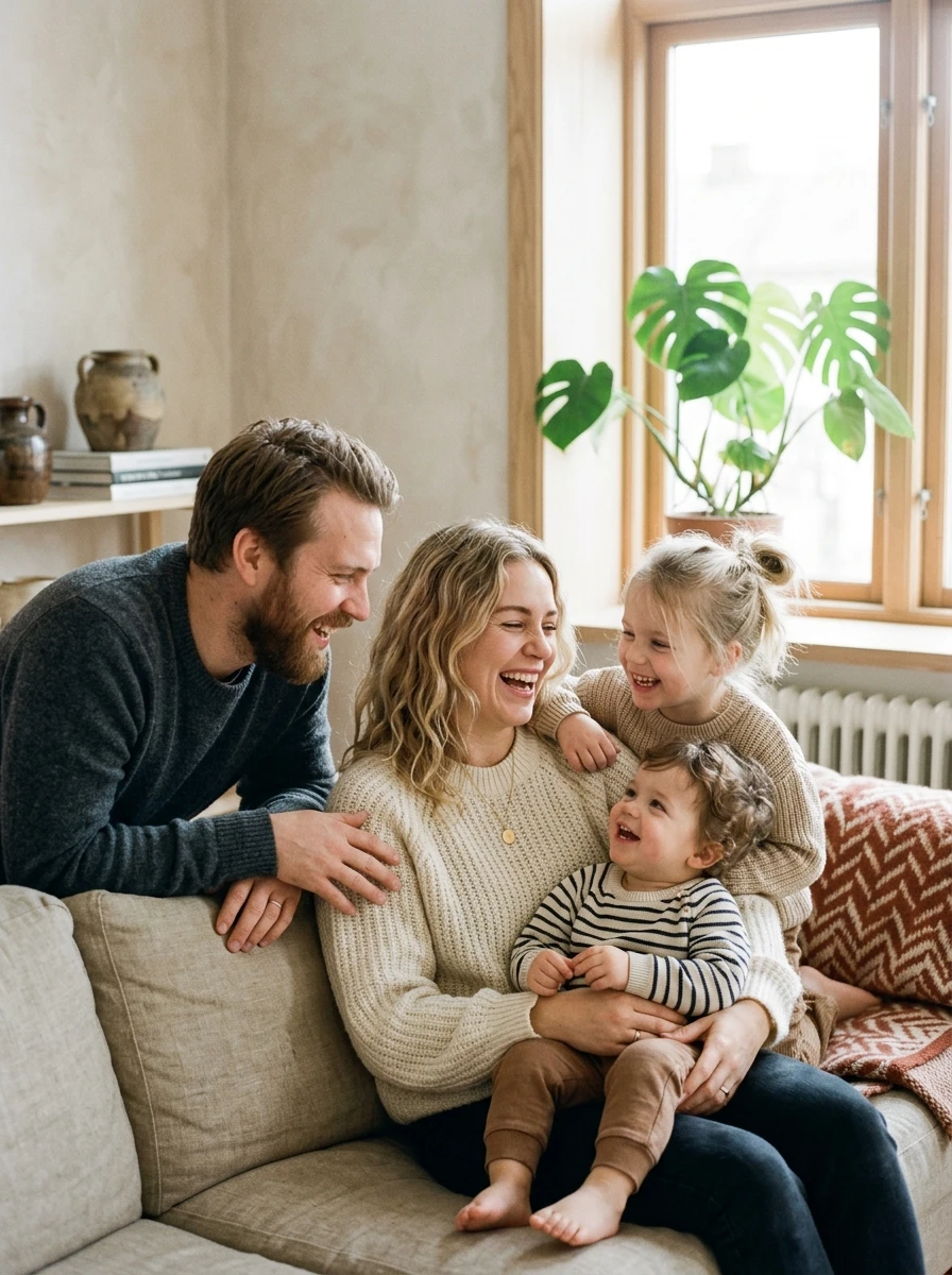 Семейная фотосессия дома: родители смеются с детьми на диване