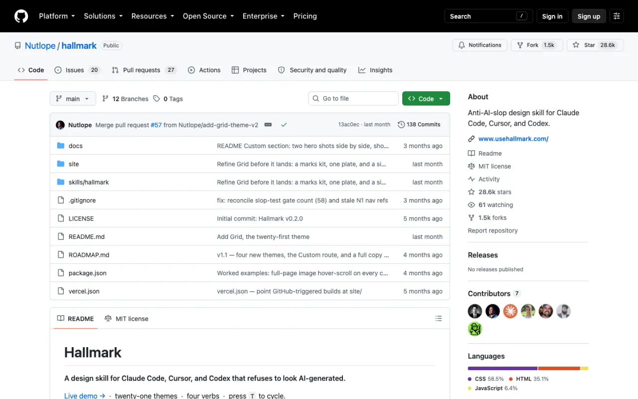 Репозиторий Nutlope Hallmark на GitHub: структура проекта, лицензия и открытые метрики