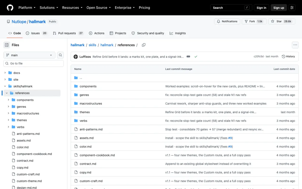Библиотека Hallmark на GitHub: отдельные reference-файлы, компоненты, макроструктуры, темы и anti-patterns